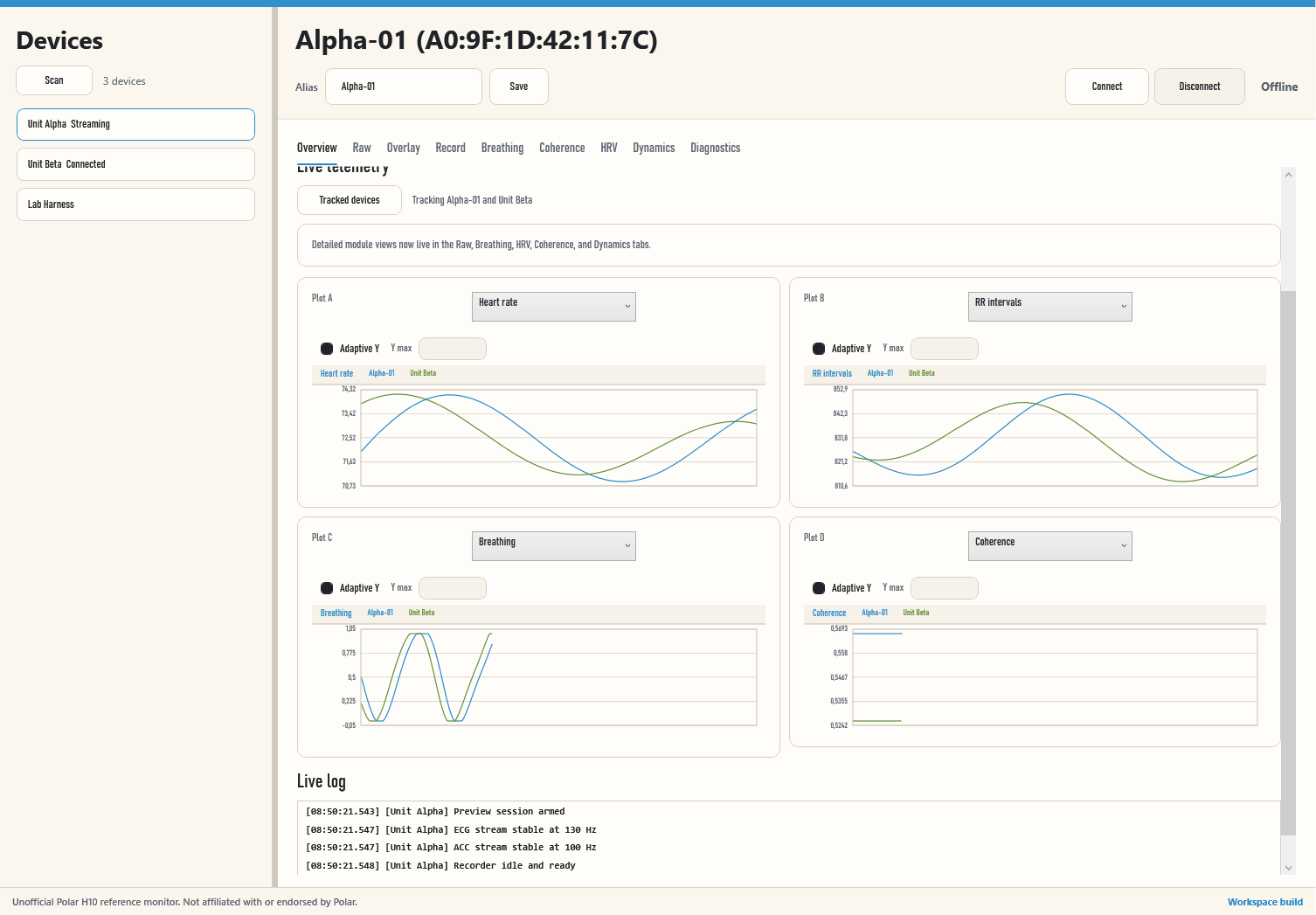 PolarH10 WPF application preview with multiple tracked devices