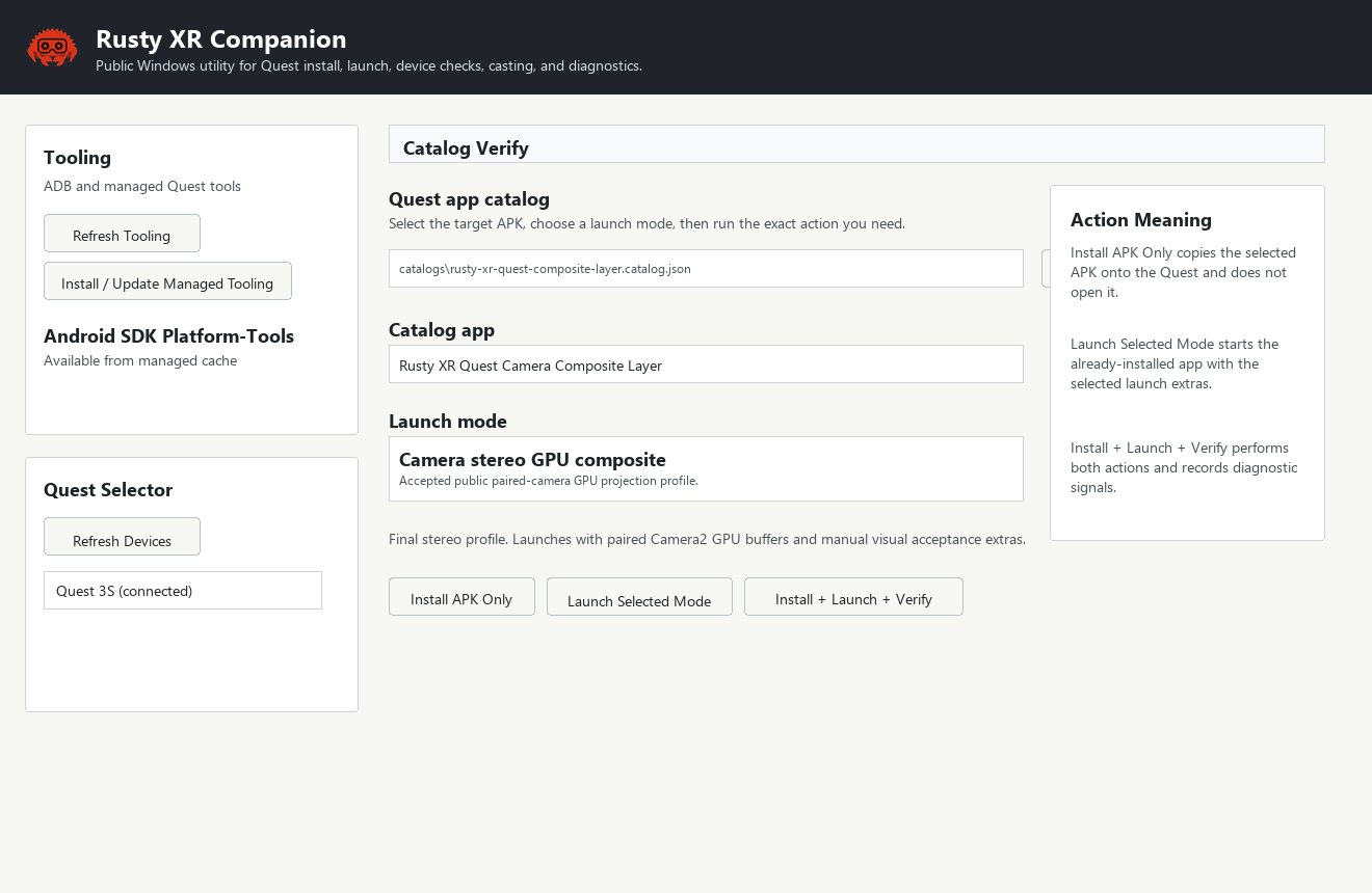 Catalog Verify tab with launch mode and explicit install, launch, and verify actions