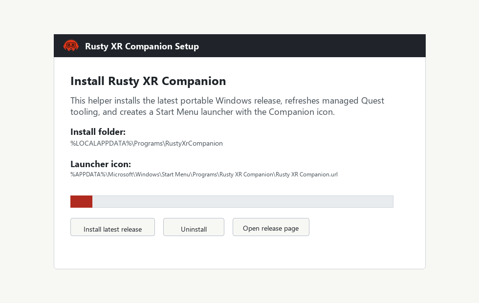 Setup helper showing install and launcher locations