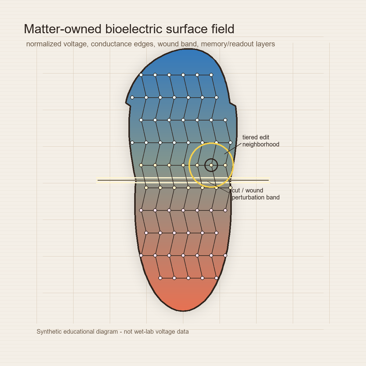 Diagram of a planarian-shaped mesh with a blue-to-red bioelectric field, conductance edges, a cut band, and a selected edit neighborhood.