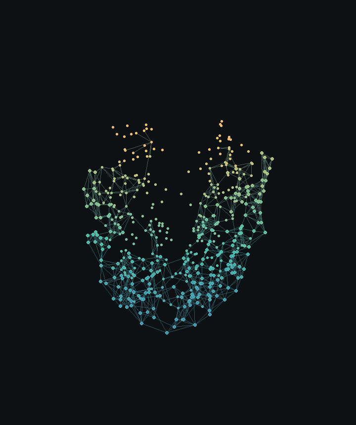 Animated Zenodo-derived planarian neuron point cloud with model-inspired bioelectric voltage colors and conductance edges.
