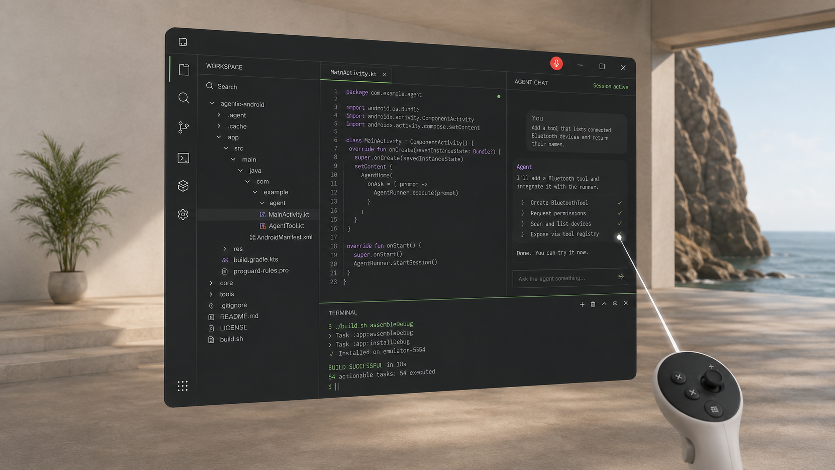A floating Linux development desktop in a mixed-reality room, targeted by a controller ray
